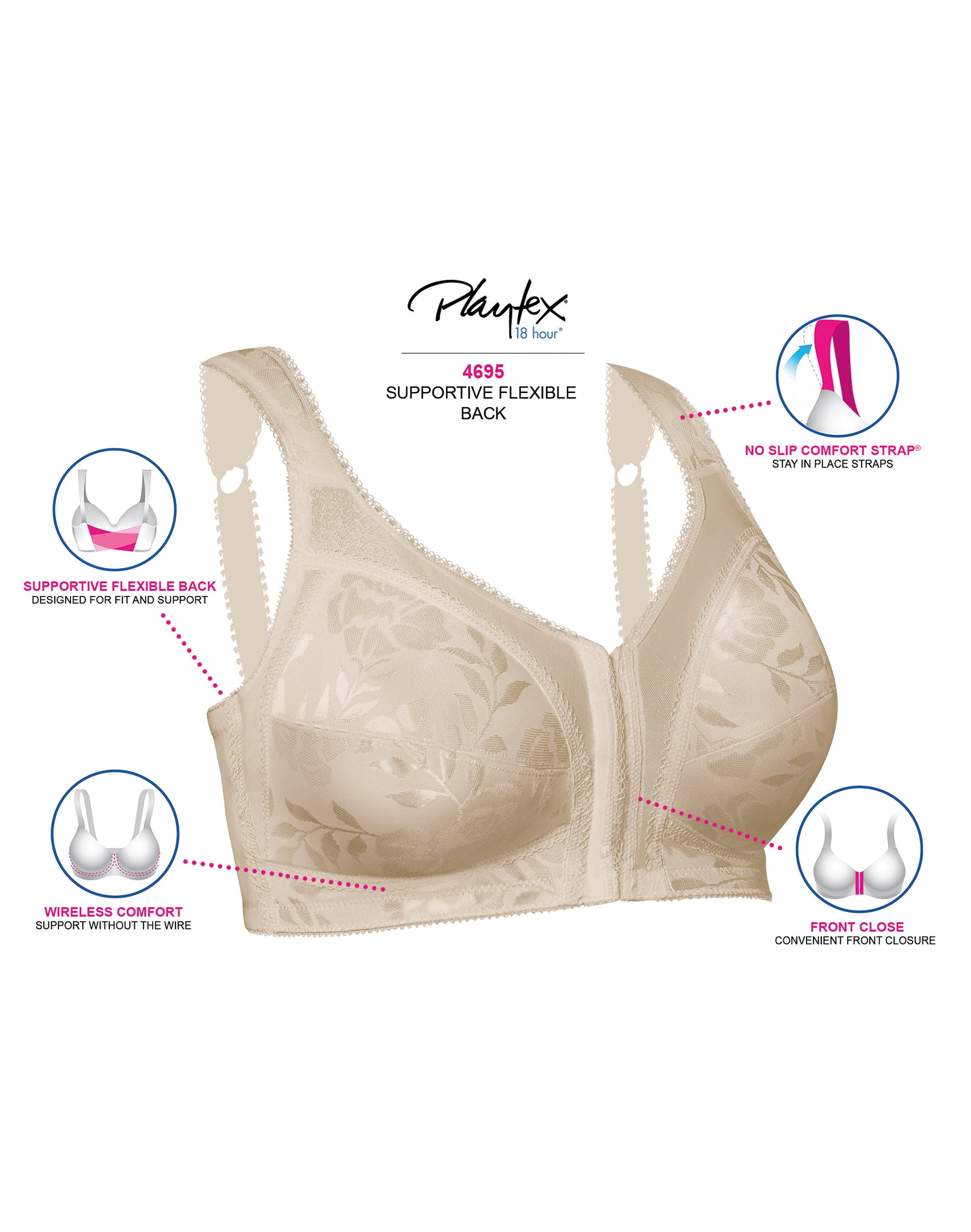 Playtex 18 Hour Supportive Flexible Back Front-Close Wireless Bra White 46B  Women's 