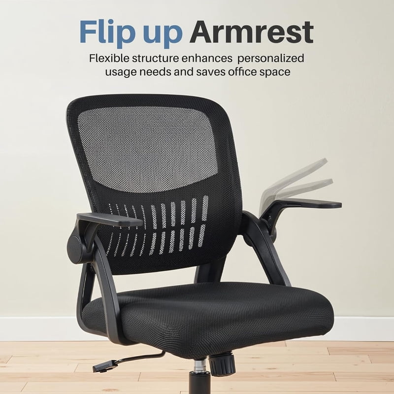 Simenmax Ergonomic Office Chair, Home Desk Computer Mesh Chair with Flip-Up Arms, Breathable Mid Back Chair for Small Spaces, Black