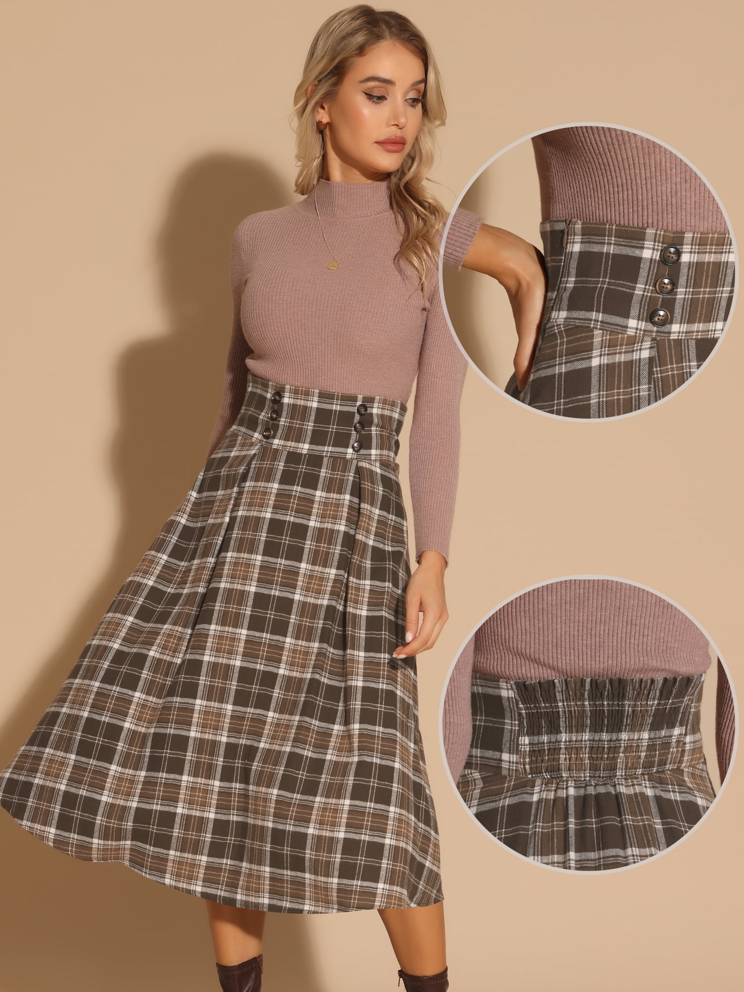 DARING DIVA Women's High Elastic Waist Fall Winter A-Line Midi Skirt L Brown