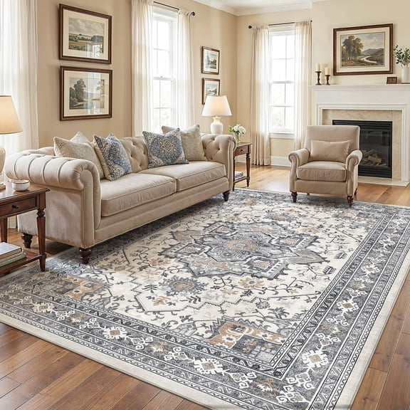 UERMEI 8x10 Washable Area Rugs for Living Room, Modern Vintage Printed Rug, Vacuum-Friendly, Non Slip Indoor Rug for Bedroom Dining Room Home Decor Carpet, Purple gray/Brown