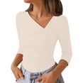 thumbnail image 2 of GILIGEGE Womens Asymmetrical Long Sleeve Fall Shirt Going Out Top Work Blouse,Ruched Slim Fit T-Shirts,Comfy Stretchy Y2K Clothes 2026 Fashion V Neck Basics Business Casual Outfits Light Yellow 2XL, 2 of 4