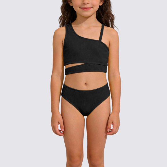 Swimsuit for Girls Girl's Solid Color Tankini Two Piece Bikini Set for Summer Beach Play Bathing Suits for Girls Black 9-10 Years