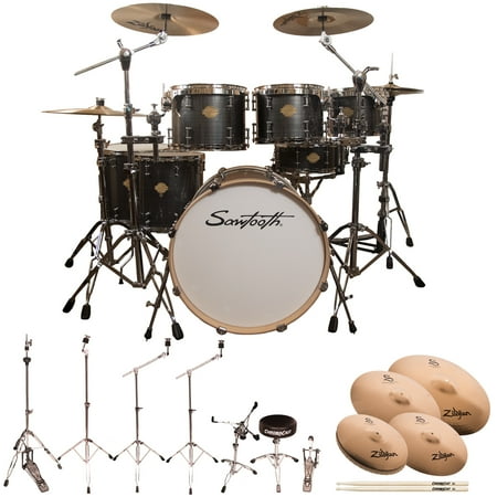 Sawtooth Command Series 7-Piece Drum Set Shell Starter Pack with Hardware & Zildjian Cymbals, Silver Streak ( box 1 of 2)