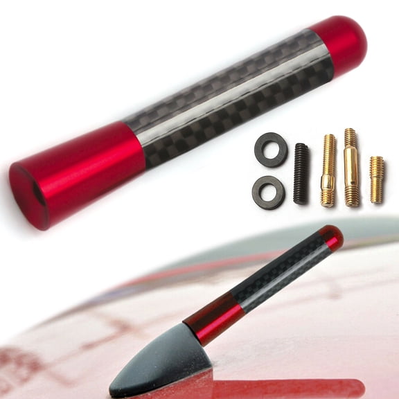 Xotic Tech Carbon Fiber Red Aluminum Antenna Roof Hood Mount Mast 3'' inch Screw Type AM/FM Radio Car Antenna JDM Replacement Universal Fit