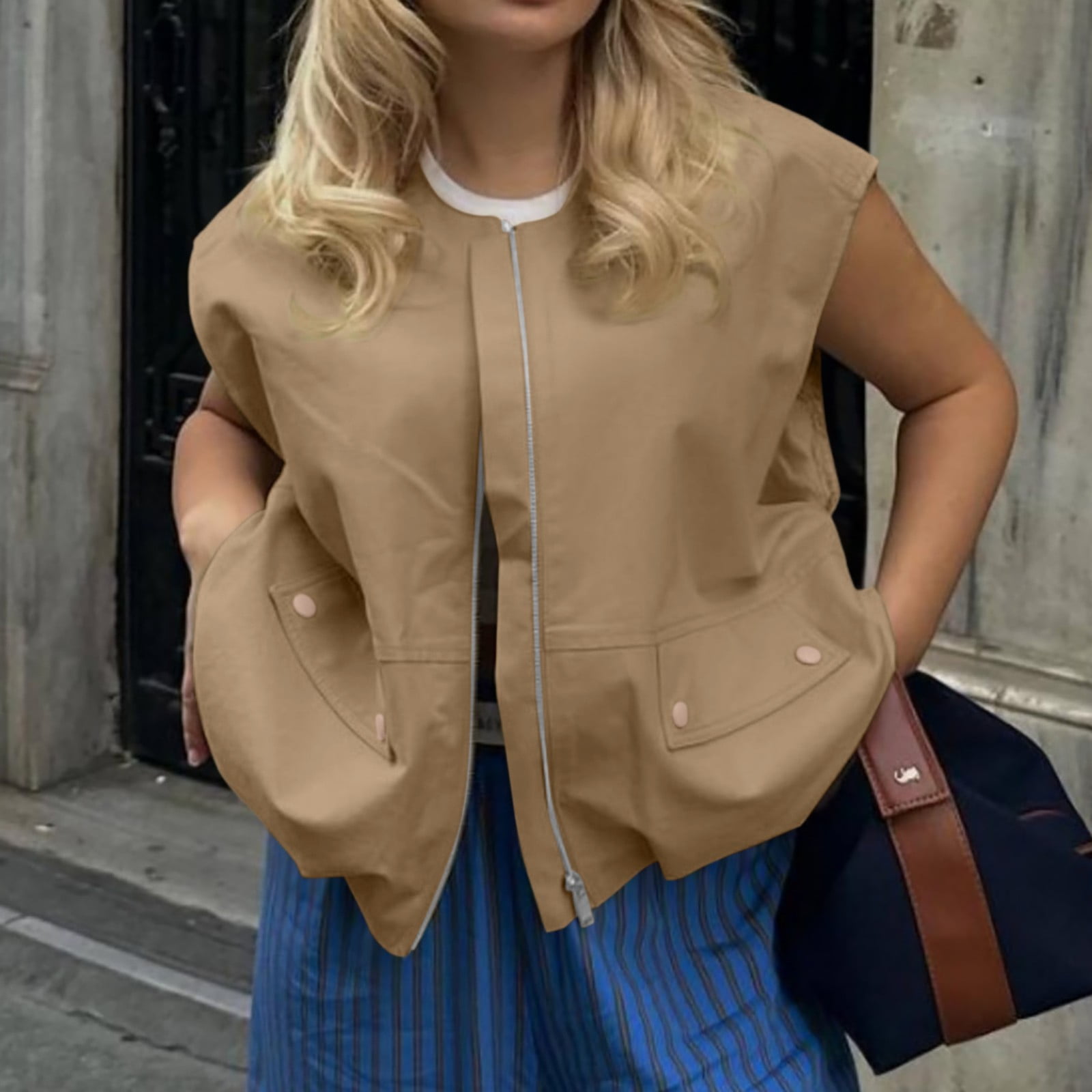 Blouses for Women Dressy Casual Women's Fashion Sleeveless Pocket Wide Songma Solid Color Cardigan Zipper Athletic Wear Women Long Sleeve Casual T Shirt Long Sleeve Tops for Womens Baseball Te Brown S