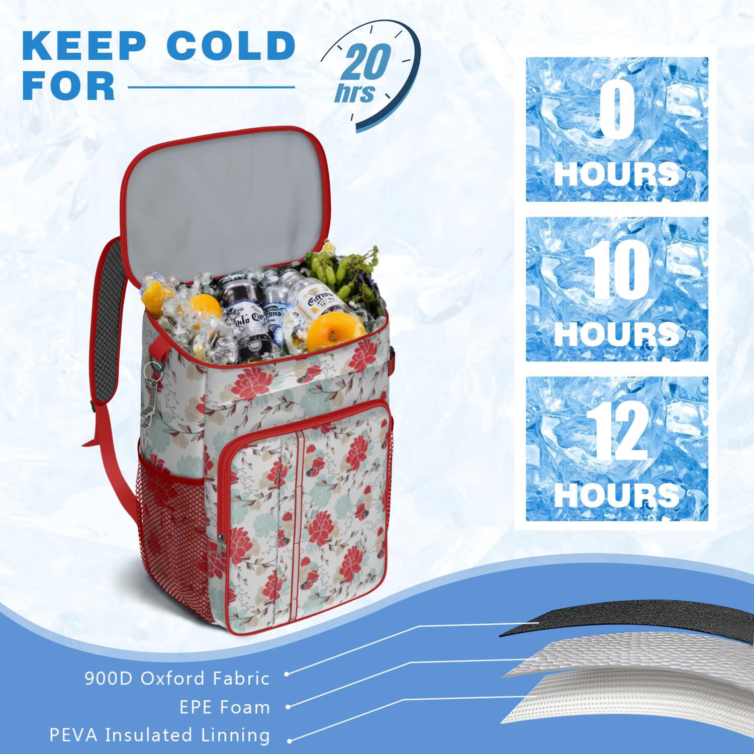 Travel Cooler Bag - Pioneer Flower Floral Print Pattern Camping Beer Cooler Backpack with Bottle Opener- Waterproof Insulated Picnic Backpacks - Cooler Bag for Beach
