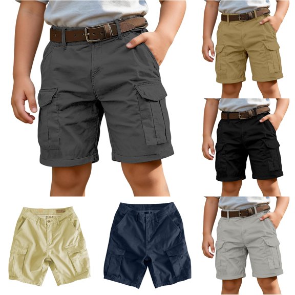 WAYUTE Pants for Boys Solid Color Cargo Knee Length Pants with Multiple Pockets for Kids Youth Play and Summer Dress Cargo Shorts Outdoor Casual,5-6 Y,Grey