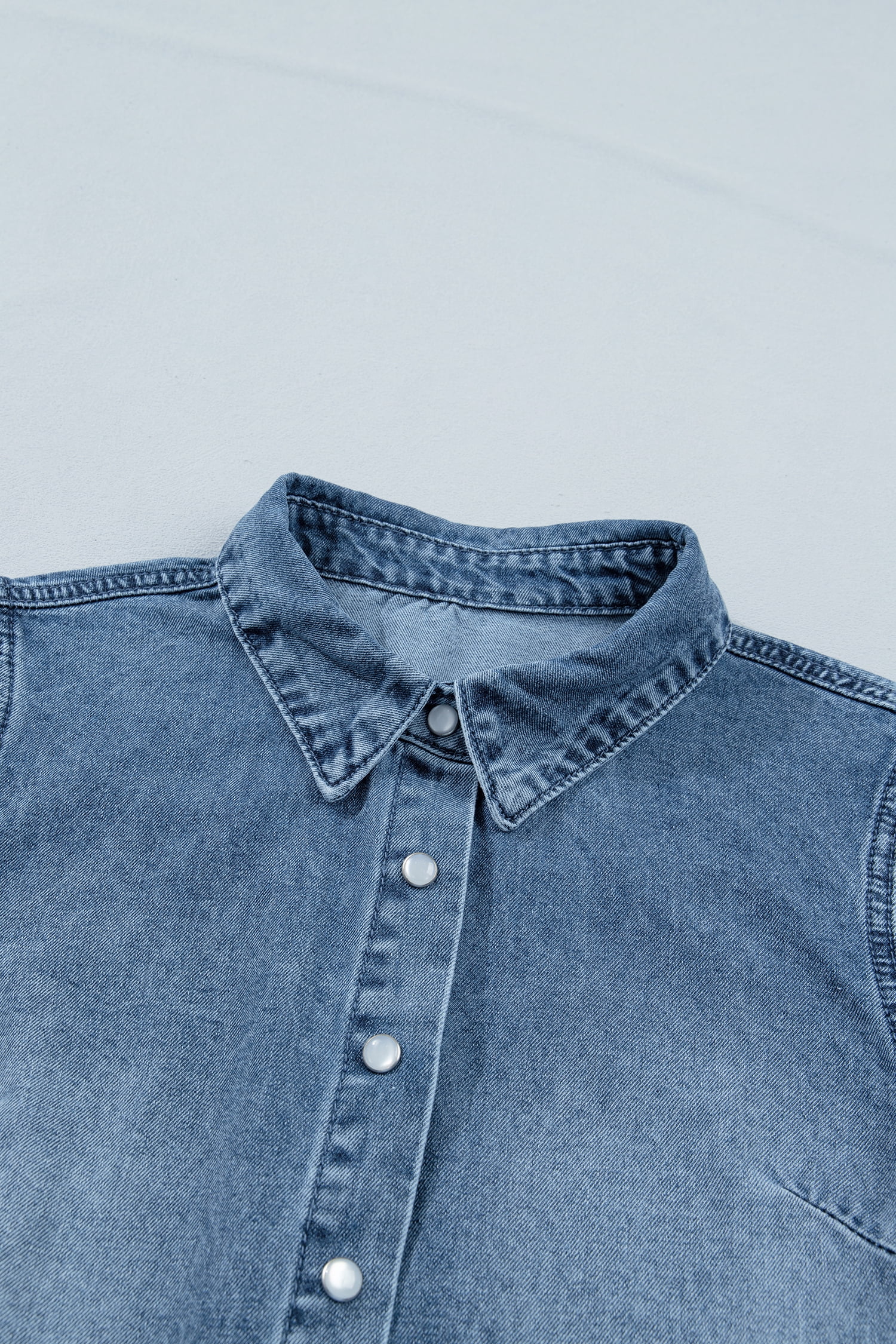 Women's Western Frilled Short Sleeve Denim Shirt – Beau Blue Snap Button Collar Blouse, XL
