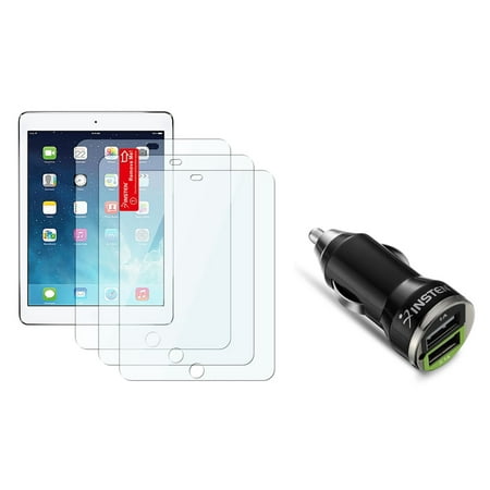 Insten 3 pcs Set Clear Screen Protector Film For Apple iPad Air 1 1st 2 2nd (with 2-Port USB Car Charger
