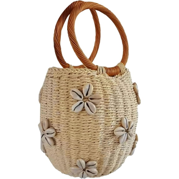 Kukuzhu Summer Straw Bag for Women Pearl Flower Bucket Tote Bag Diamond Handbag Hand Woven Rattan Shell Purse Drawstring