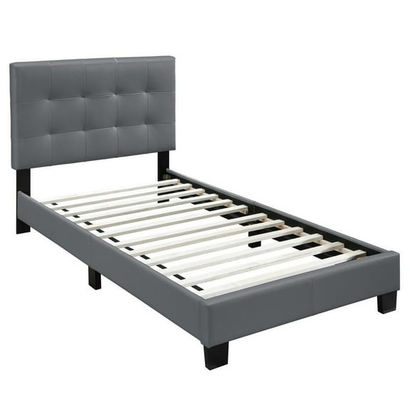 Twin Leatherette Bed with Checkered Tufted Headboard Gray - Saltoro Sherpi