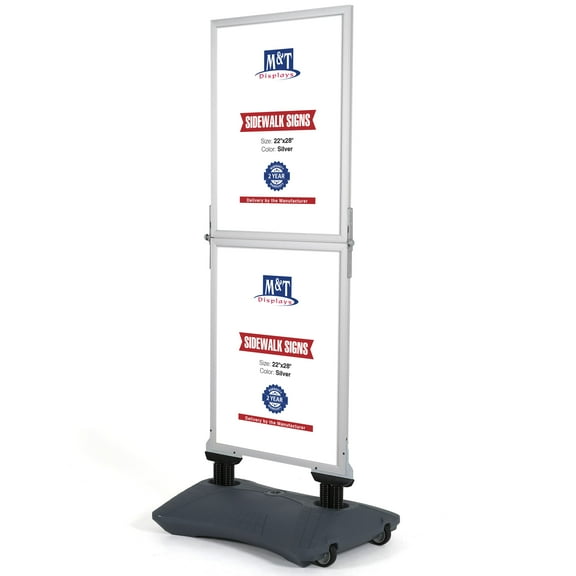 M&T Displays Windpro Slim 2 Tier 22x28 Inch Outdoor Pavement Sidewalk Sign Holder Wind Resistant Double Sided Silver Aluminum Easy Top Loading Slide-In Poster Frame HDPE Gray Water Base
