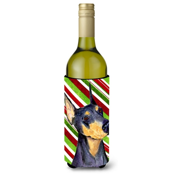 Carolines Treasures SS4564LITERK Doberman Candy Cane Holiday Christmas Wine Bottle Hugger Wine Bottle multicolor