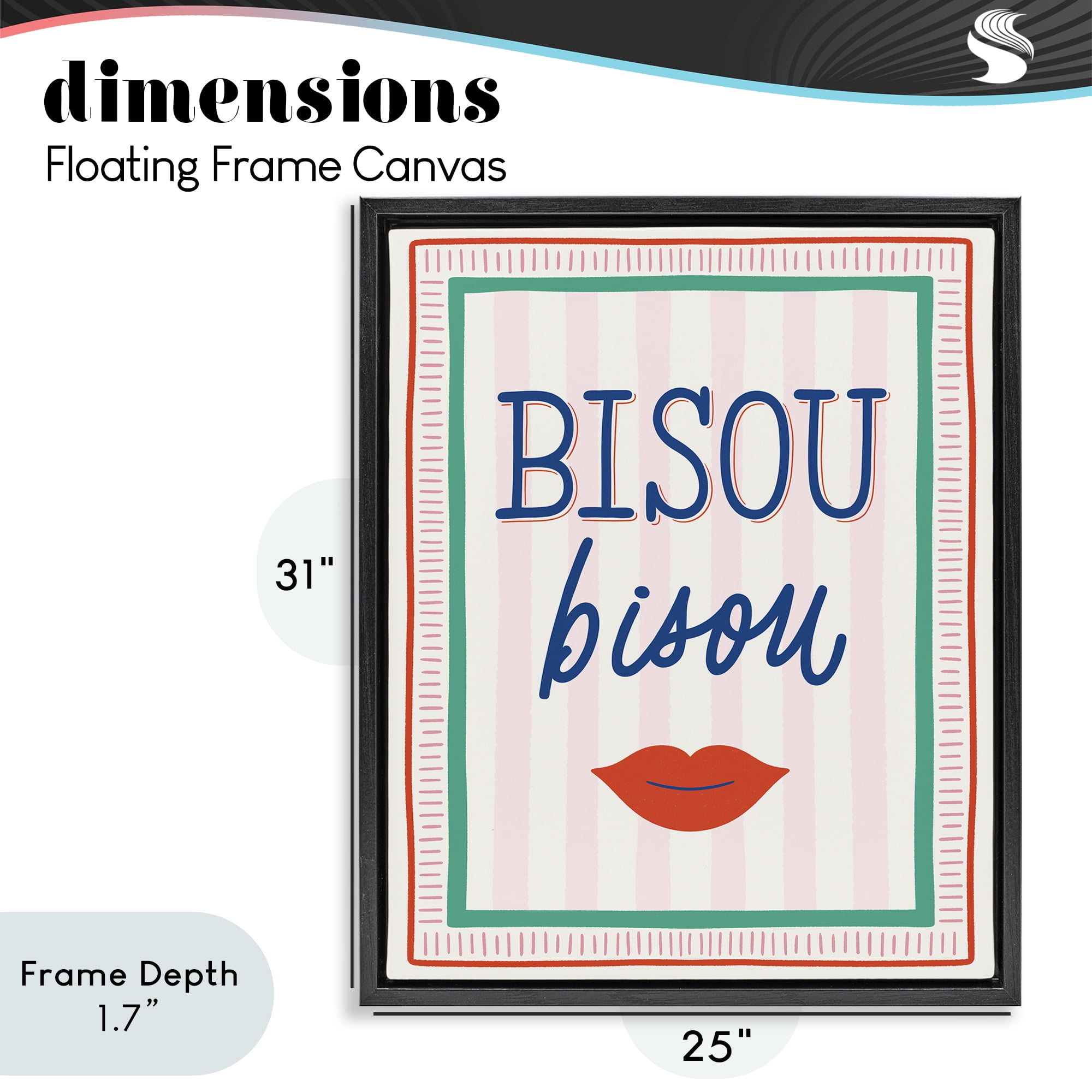 Stupell Industries Bisou Kiss over Stripes Black Framed Floater Canvas Wall Art, design by Jalynn Heerdt