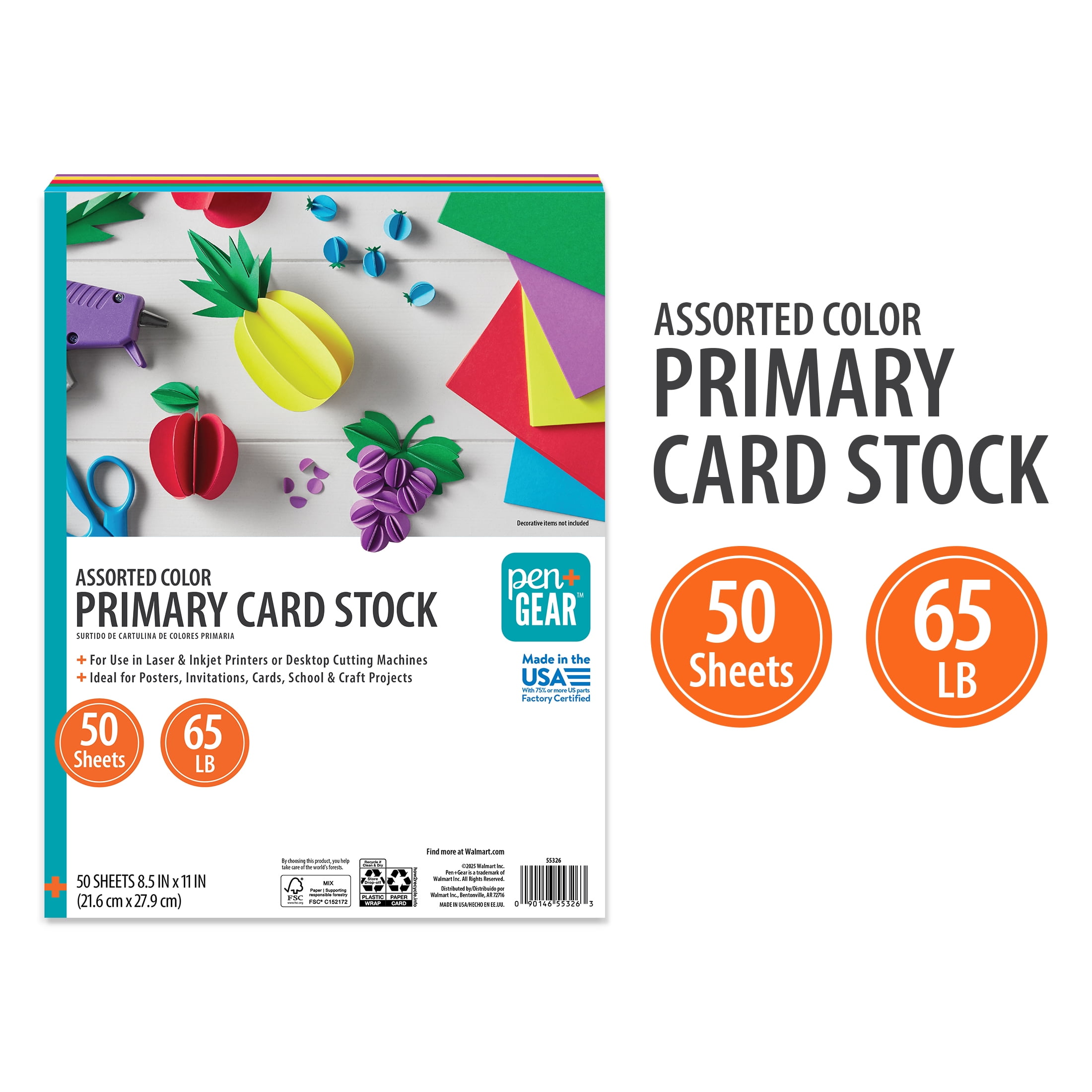 Pen+Gear Assorted Primary Card Stock, 8.5" x 11", 65 lb, 50 Sheets