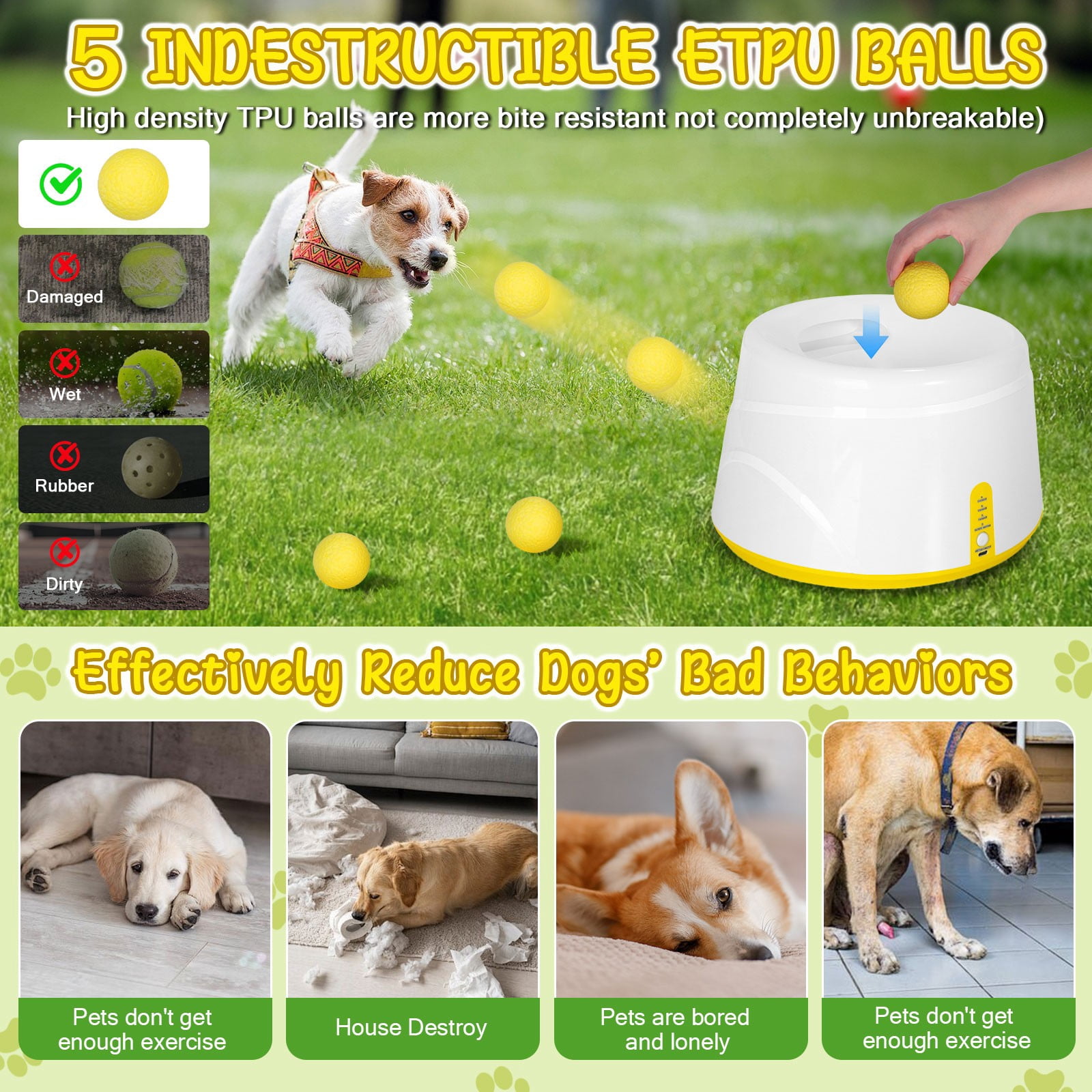 TOPCHANCES Automatic Tennis Ball Launcher for Dogs, Interactive Dog Toys for Samall & Medium Dogs, Dog Ball Thrower with 3 Launching Distance (19/32/45 ft), 5 Balls Included (Yellow)