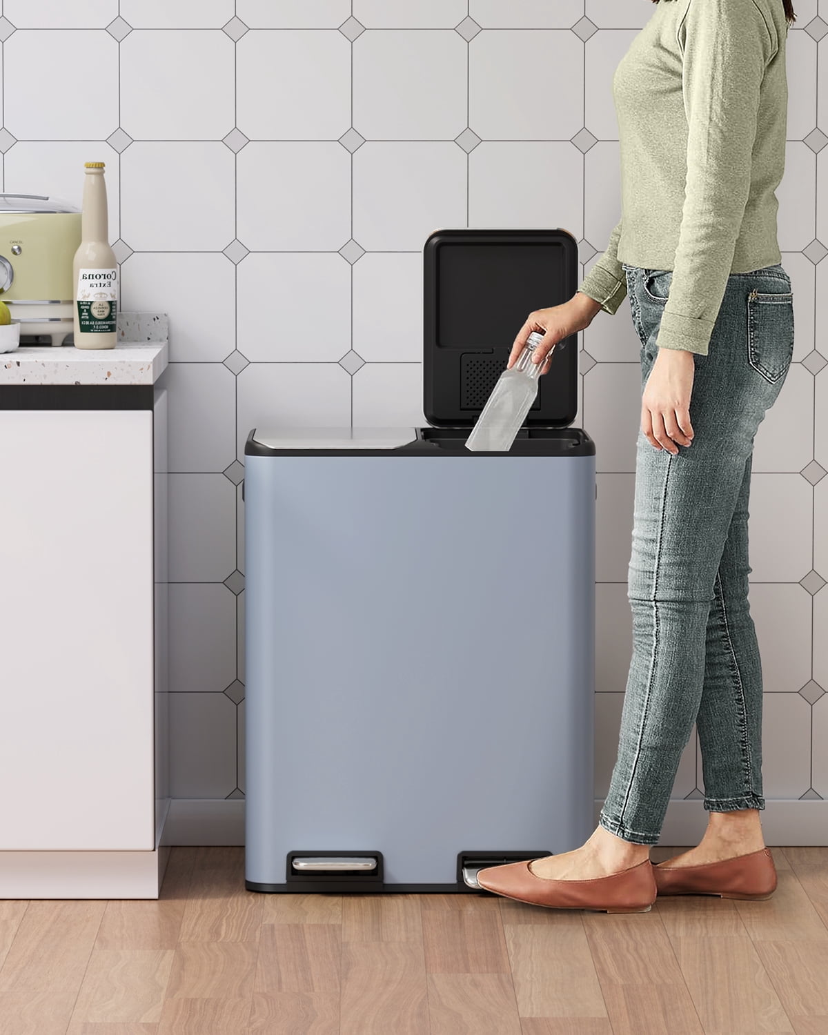 LAZY BUDDY 16 Gallon Kitchen Trash Can with Dual Compartments, Stainless Steel Recycling Step Trash Can with Soft-Close Lid, for Home Office