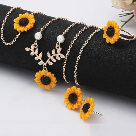 SmartBy 5Pcs/Set Fashion Sunflower Pendant Necklace Stud Earrings Ring Bracelet Jewelry