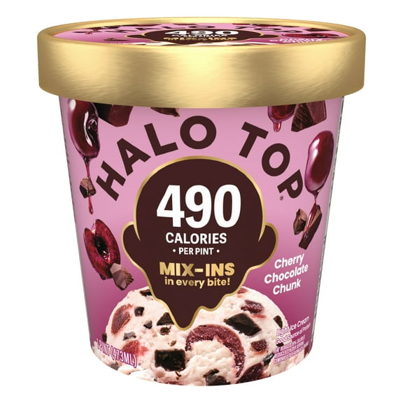 Halo Top Cherry Chocolate Chip Chunk Light Ice Cream, Lower Calorie Frozen Dessert Pint, 16 fl oz