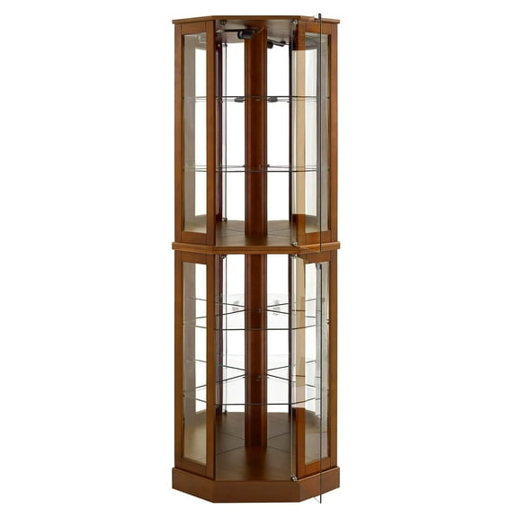 6 Shelf Corner Curio Glass Display Cabinet with Lights, Mirrors and Adjustable Shelves, Walnut(E26 light bulb not included)