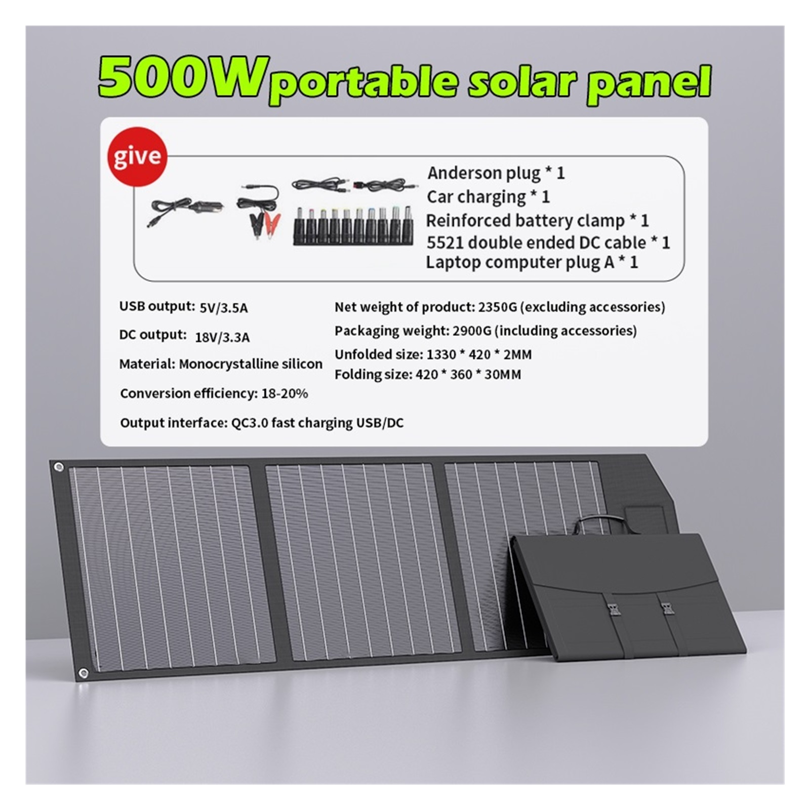 Solar panel 500W Foldable Solar Panel Monocrystalline Silicon USB 5V DC 18V Mobile power supply