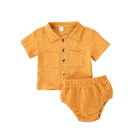 

One opening New Babies 2 PCS Outfit Set Solid Color Pleated Button-Down Folded Collar Short Sleeve Top Shirt Triangle Elastic Band Pants Set