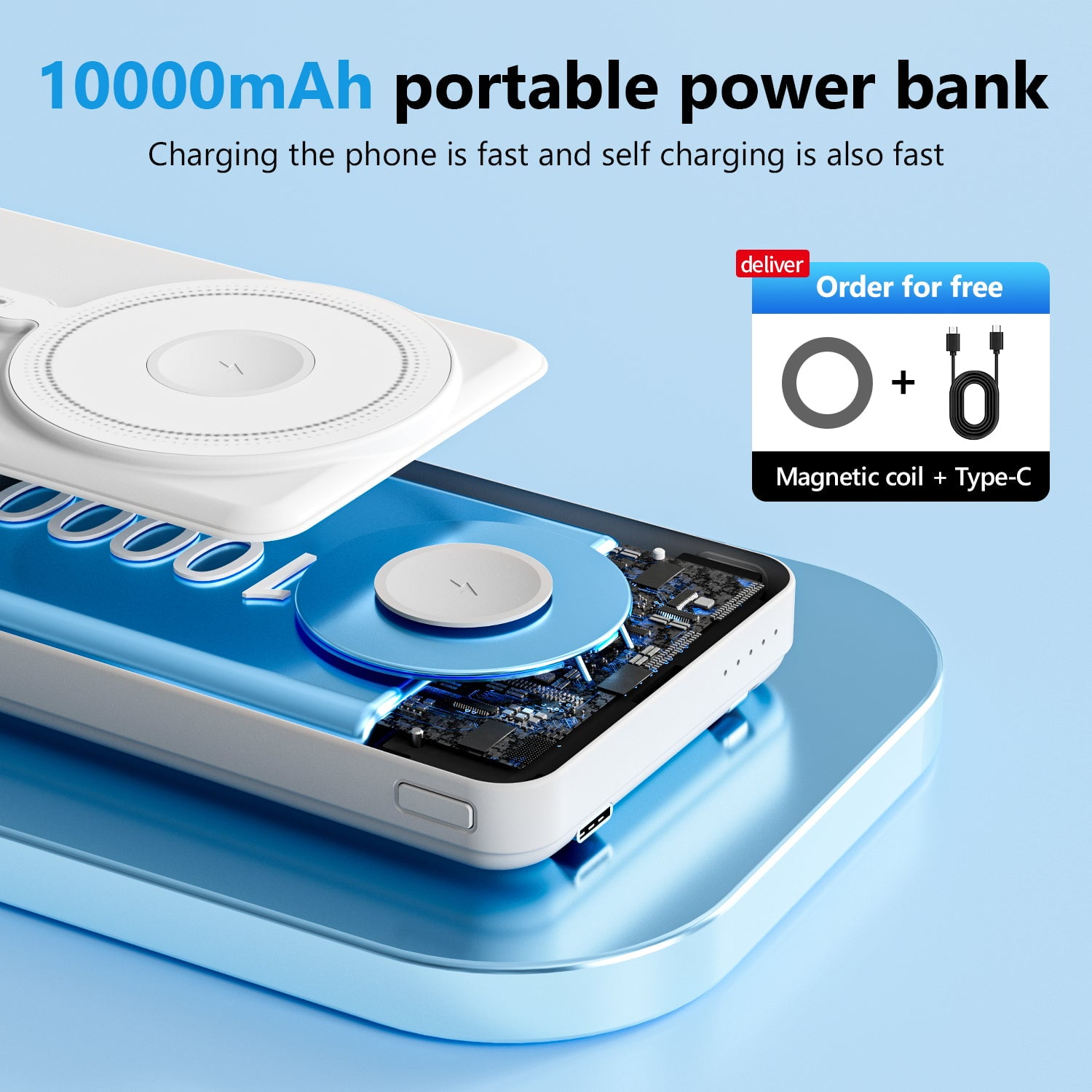 10000mAh Magnetic Battery Wireless Power Bank,20W Fast Charging Portable Charger,3-in-1 Wireless Charger Built-in Cables foriPhone 16. 15.../Samsung/iPad4