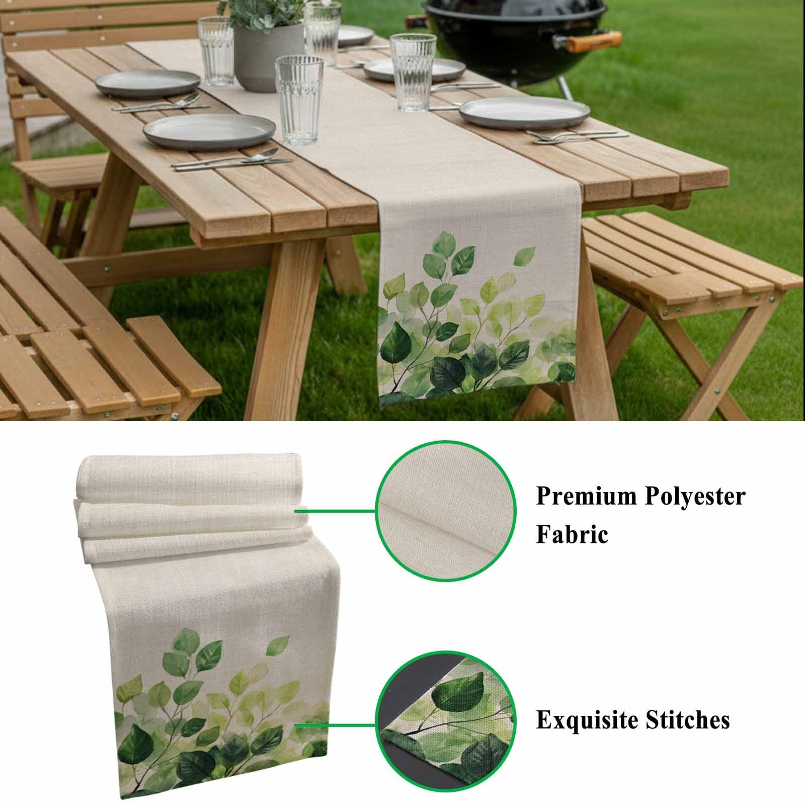 Spring Leaf Cotton Linen Table Runner Vintage Sage Green Eucalyptus Leaves Country Linen Texture Dining Table Runners for Home Decor Party Dining Room Restaurant Kitchen 13" x 108"