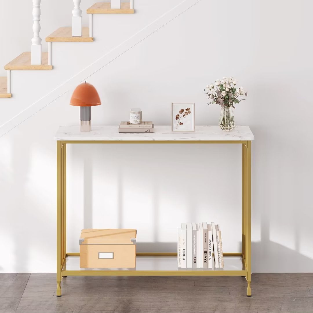 Console Table, 33.5" Entryway Table with Glass Shelf, Industrial Hallway Table for Living Room Foyer, Gold