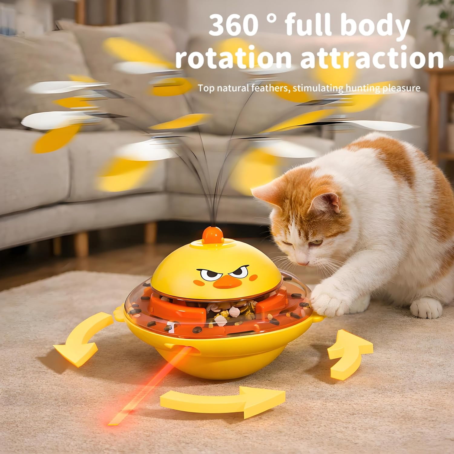 4-in-1 Automatic Cat Interactive Toy, Self-Balancing Spinning Laser Pointer w/Feather Teaser&Treat Dispenser, Bird Chirping, 360 °   Rotation, Quad-Sensory Boredom Relief for Indoor Cats