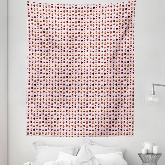Cupcake Tapestry, Colorful Yummy Cupcakes with Different Toppings on Pink Background with Hearts, Fabric Wall Hanging Decor for Bedroom Living Room Dorm, 5 Sizes, Multicolor, by Ambesonne