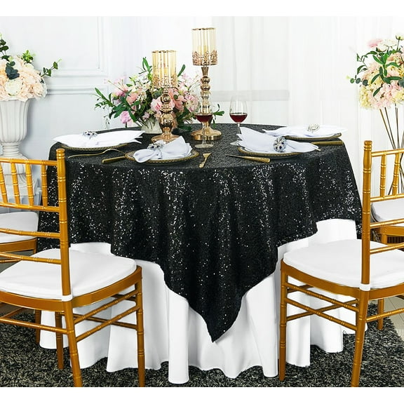 Wedding Linens Inc. 72" x72" Square Sequin Table Overlay Toppers Tablecloth - Black