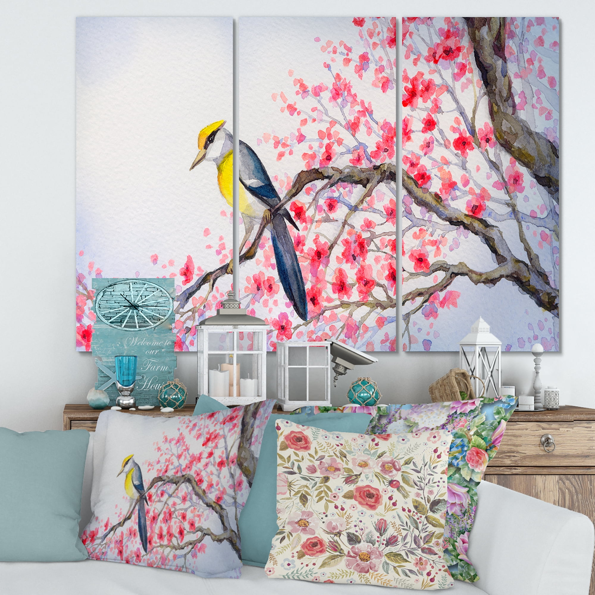 Designart ' Beautiful Red Bird Sitting On Flowering Branch II ' Traditional Canvas Wall Art Print