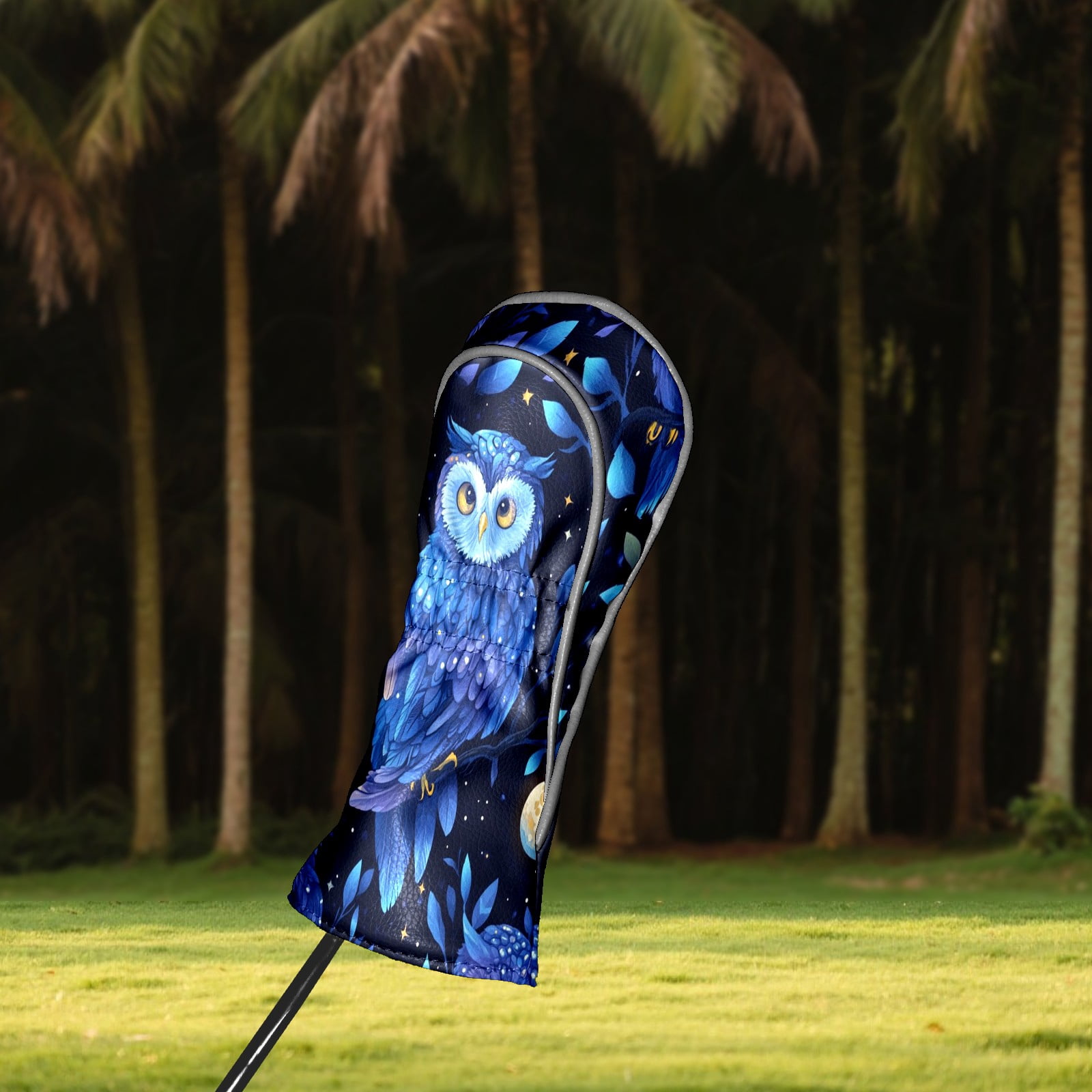 Golf Club Head Covers - Blue Owl Design, PU Leather, Waterproof, Fits Fairway Woods/Hybrid, Unisex, Fits Most Brands