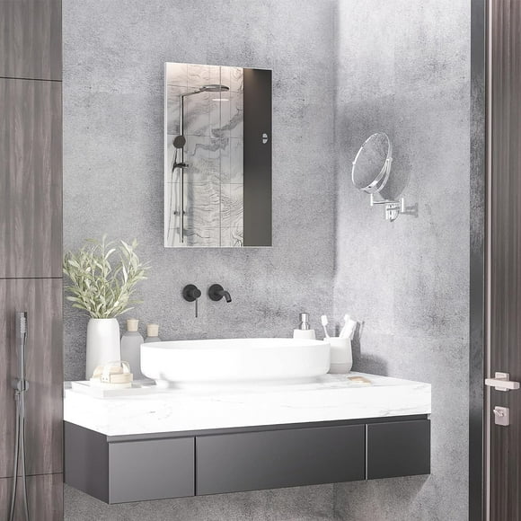 Recessed Medicine Cabinet with Mirror Bathroom Wall Mounted Single Door and Storage Shelves White Modern Contemporary Glass Steel Stainless Finish