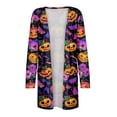 thumbnail image 4 of WTOBBY Women's Halloween Print Mid-Length Cardigan Jacket Casual Fashion Comfortable Open Front Long Sleeve Cover Up With Pockets Fall Outerwear,Dark Purple XL, 4 of 7