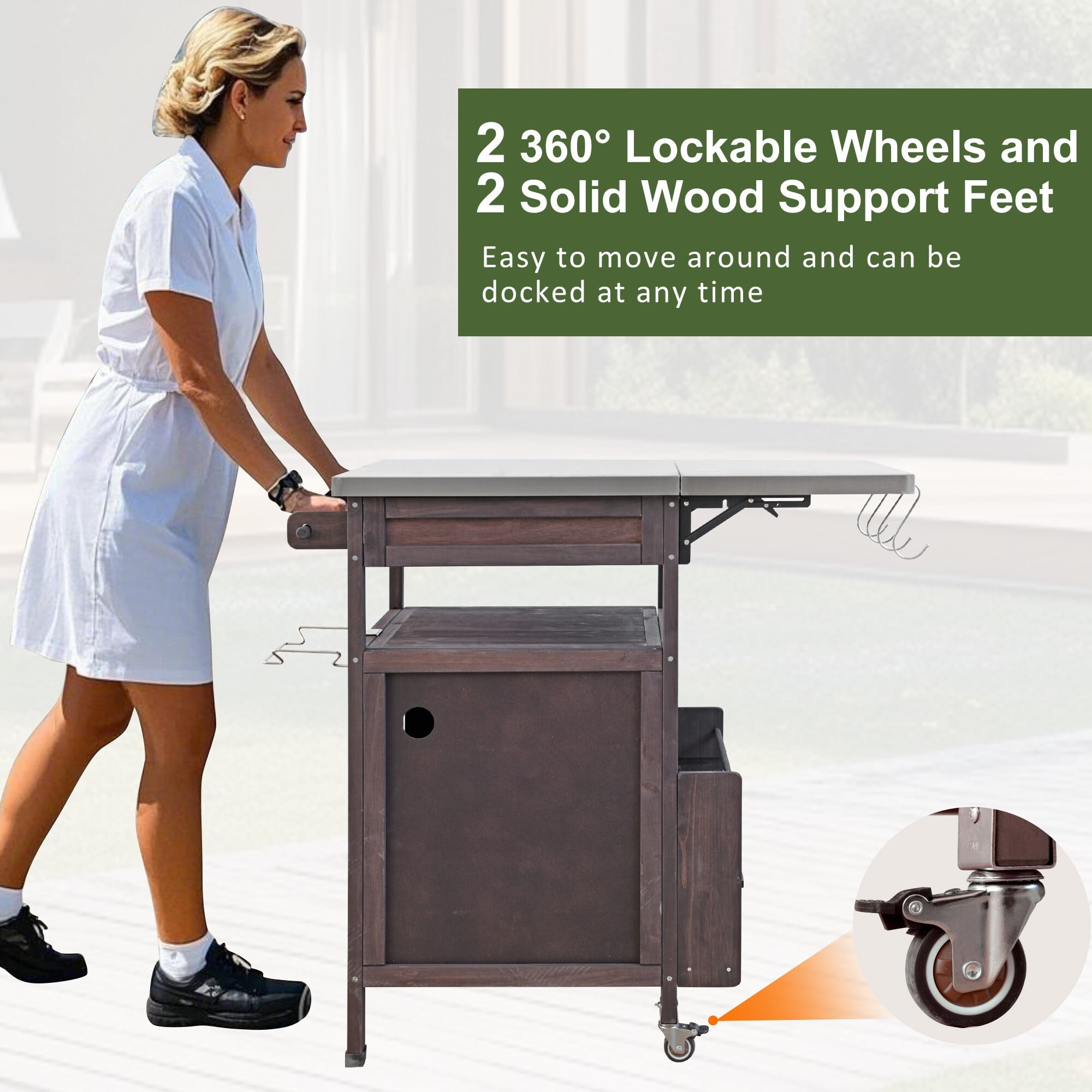 AENKYO Outdoor Grill Cart with Stainless Steel Top, Drop Leaf, Cabinet & Wheels, BBQ Prep Table for Patio & Backyard, Brown