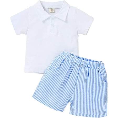 

Viworld Toddler Baby Boy Summer Clothes Short Sleeve Solid Shirt Top Stripe Shorts Outfits Set
