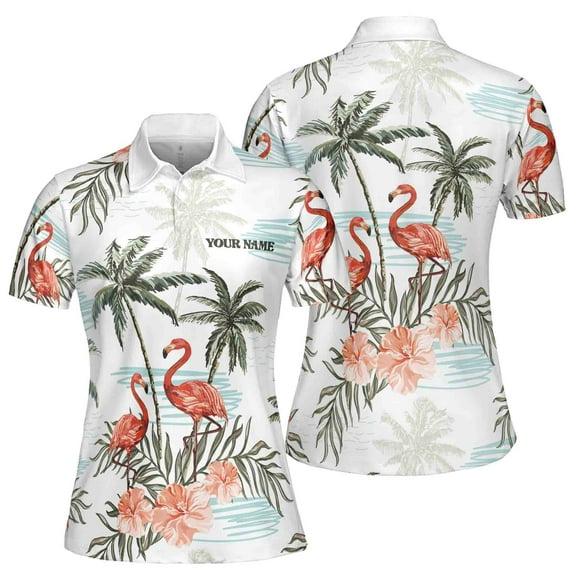 Custom Name Pink Flamingo Summer Tropical Leaf Floral Women 3D Polo Shirt S-5XL