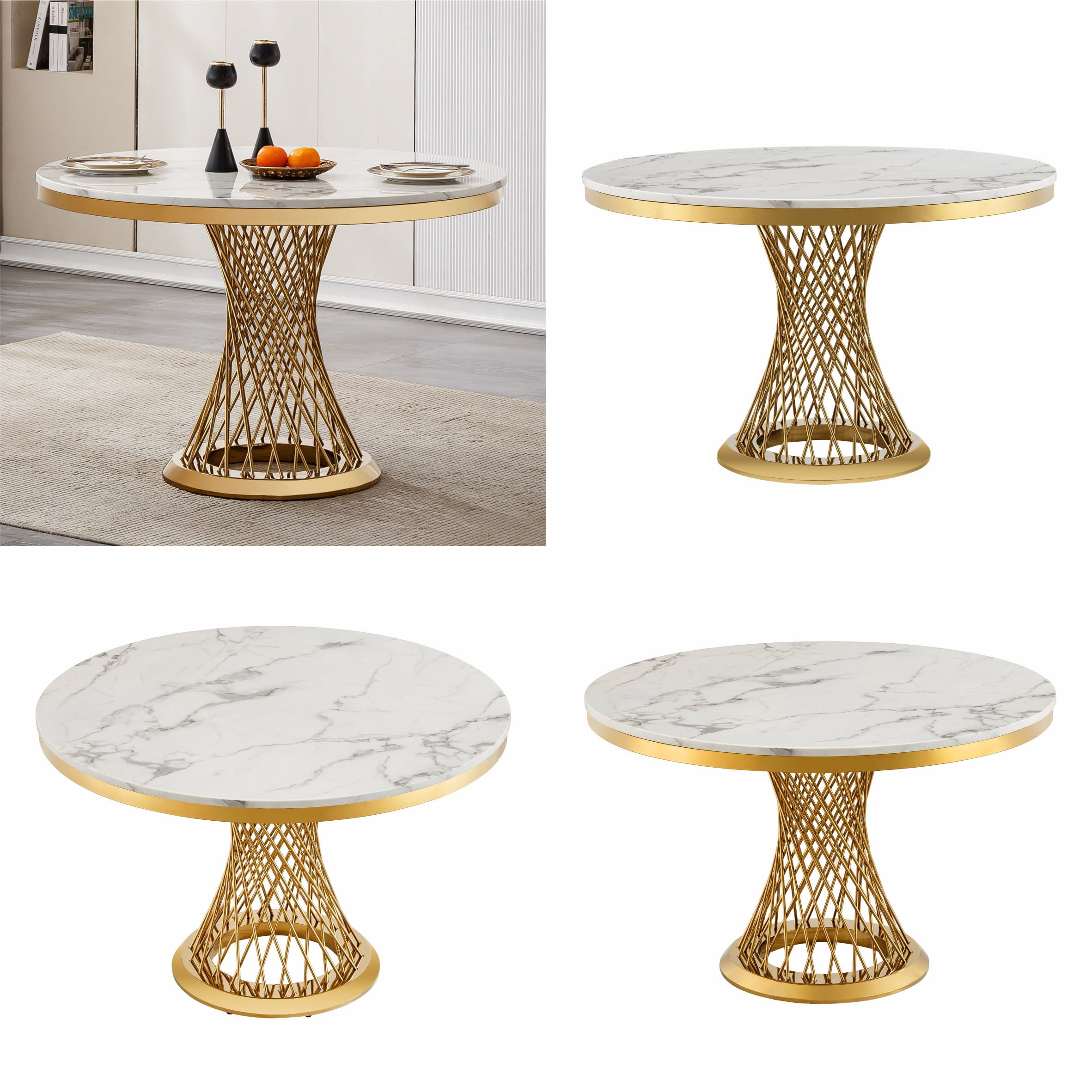 GAKMCIL 47" Round Marble Dining Table for 4-6 People, Modern Kitchen Table with High Glossy Faux Marble Top, Stainless Steel Base, 300lbs Load, Easy Assembly for Dining Room, Kitchen (Gold&White)