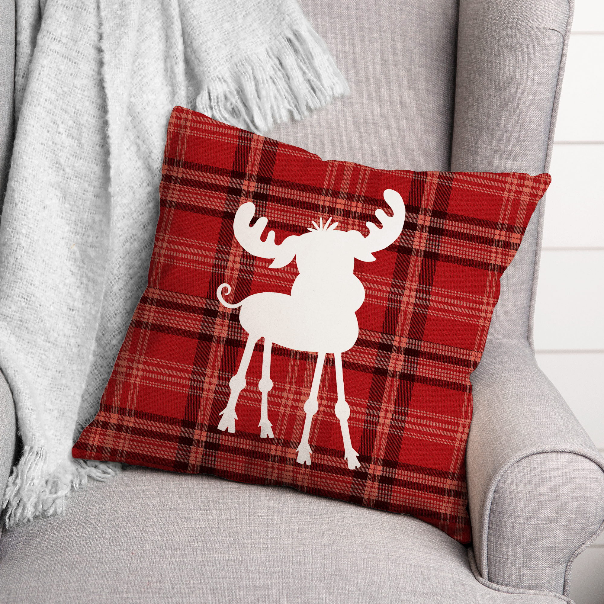 Creative Products Plaid Baby Moose 16 x 16 Spun Poly Pillow