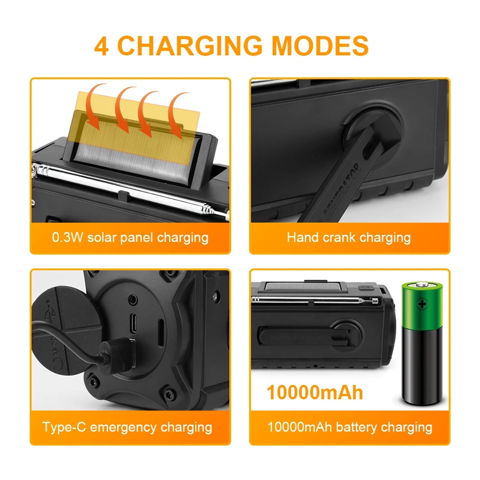 10000mAh Emergency Hand Crank Radio Multifunctional 4 Ways Powered Solar Crank Radio Flashlight Reading Lamp for Outdoor Camping