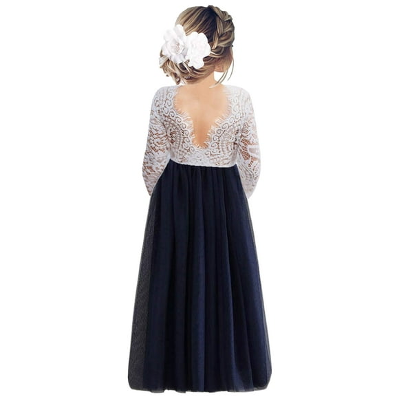 2Bunnies Robe de Demoiselle d'Honneur en Dentelle Dos Droit Tutu Tulle Robe de Fête Fleur (Marine Manches Longues Maxi, 5)