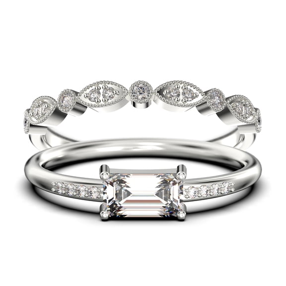 Beautiful Minimalist 1.45 Carat Emerald Cut Diamond Moissanite Engagement Ring, Wedding Ring, One Matching Band in Silver With 18k White Gold Plating, Gift For Her, Promise Ring