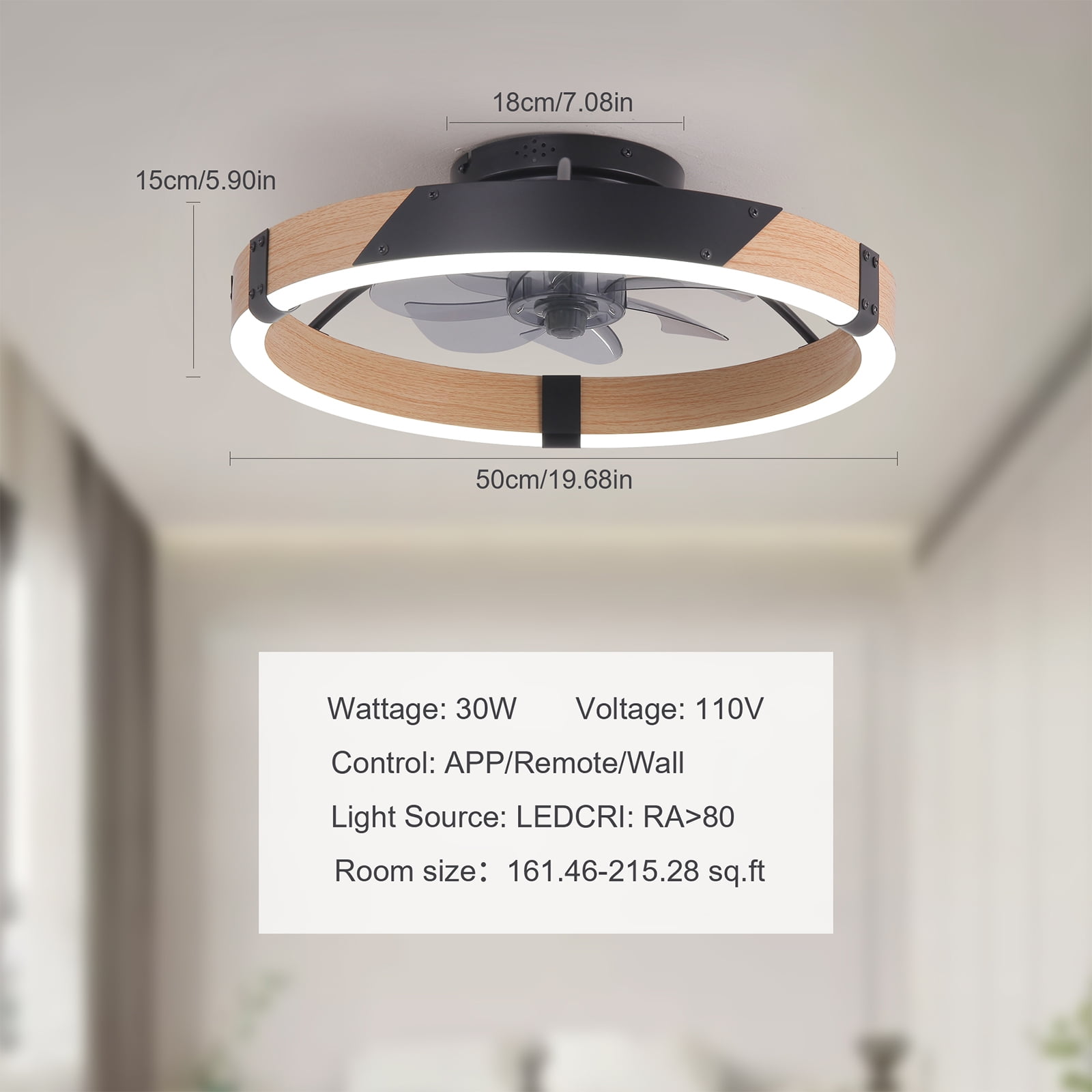 Garwarm 20" Modern Ceiling Fan with Lights and Remote, Dimmable LED Flush Mount Fandelier, Low Profile Ceiling Fan, 6-Speed Reversible Black Wood Fan for Bedroom, Living Room