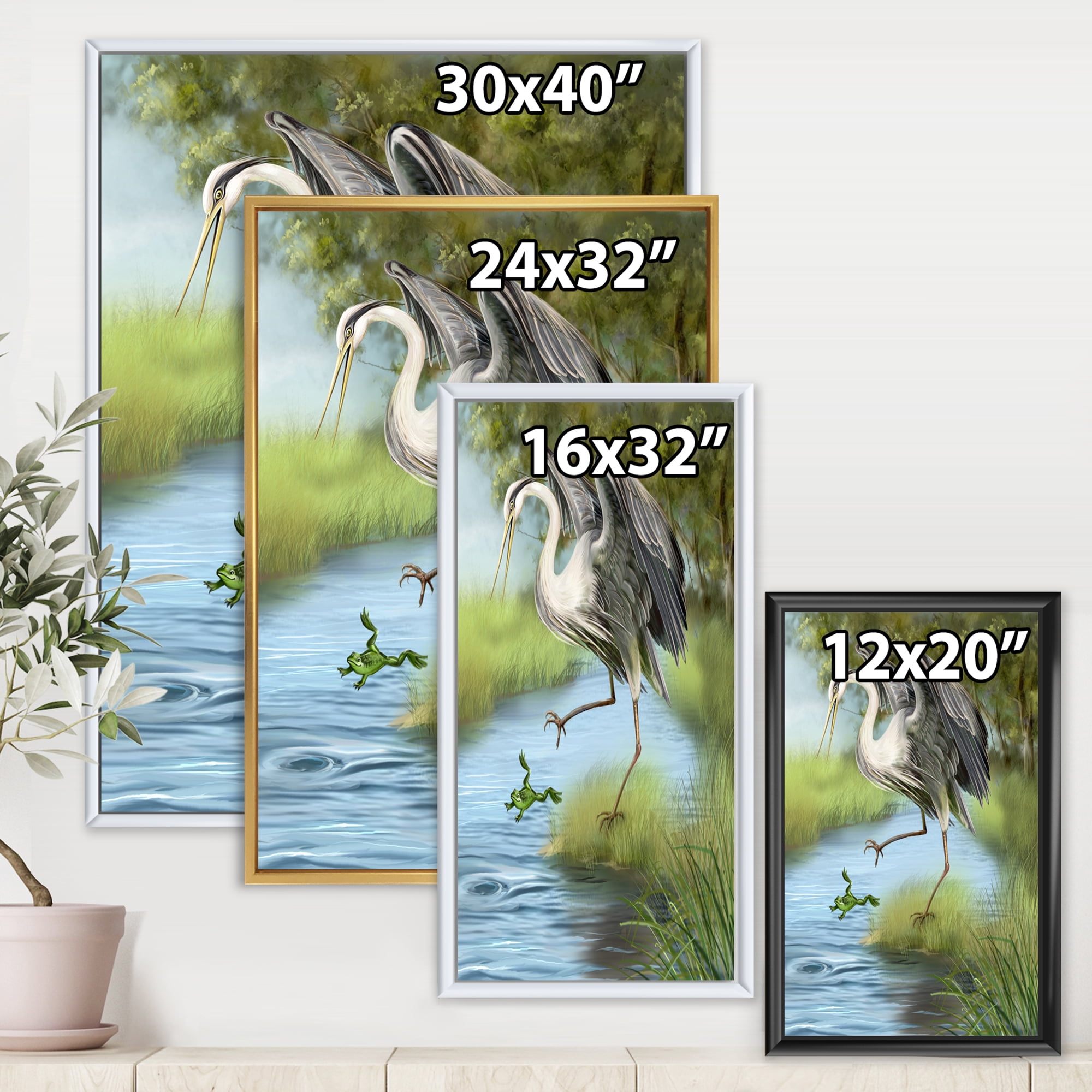 Designart 'Crane Hunting A Frog' Farmhouse Framed Canvas Wall Art Print