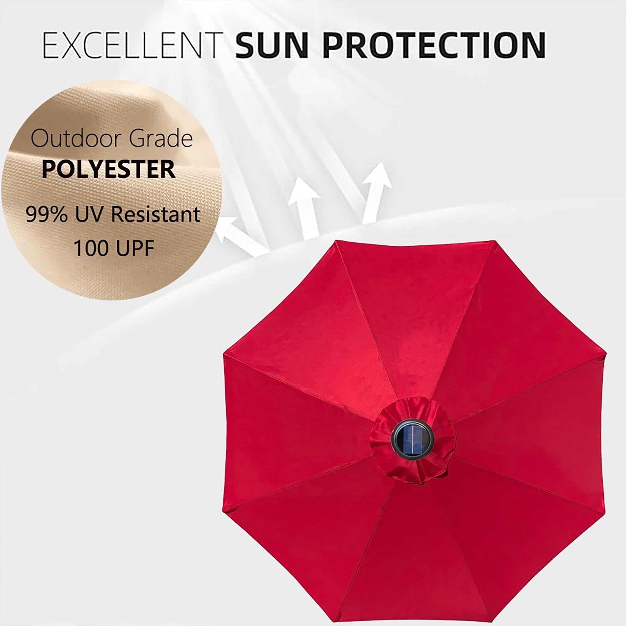 ULTRASHDE 9ft Solar LED Lighted Patio Umbrella, Table Market Umbrella, Outdoor Umbrella for Garden, Deck, Backyard, Pool and Beach, Red