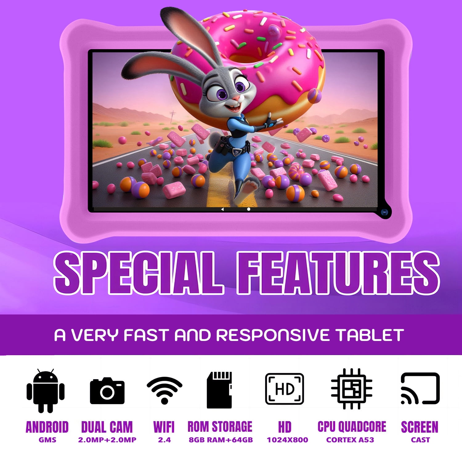 niuniutab Kids Tablet,7 inch Android for Kids, 3+5GB RAM 64GB ROM, 1024x600 IPS HD Touchscreen, Tablet with Parental Control, WiFi, Bluetooth,Quad-core(Purple)