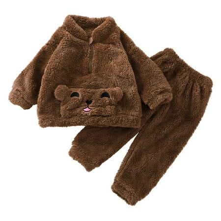PINQI Toddler Winter Warm Pajamas Kids Baby Girls Boys Sleepwear Set Hooded Bear Ear Long Sleeve Sweatshirt Tops and Pants 2Pcs Fall Tracksuit Outfits (Brown-4 4-5 Years