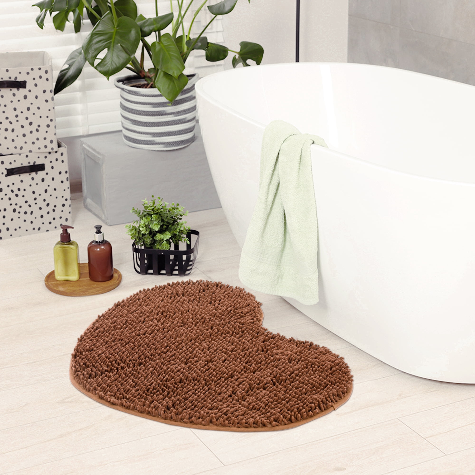 Unique Bargains Heart Shaped Chenille Bath Rugs Soft Shaggy Bath Mat Brown 20" x 24"